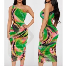 NEW NWT FASHION NOVA Mailee Mesh Midi Dress Green Pink Black One Shoulder sz XS
