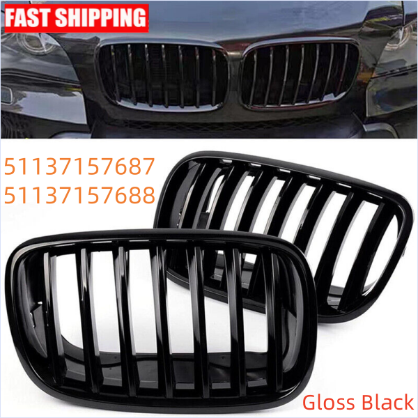 2pcs Glossy Black Front Hood Kidney Grille for BMW X5 X6 E70 E71 2007-2013