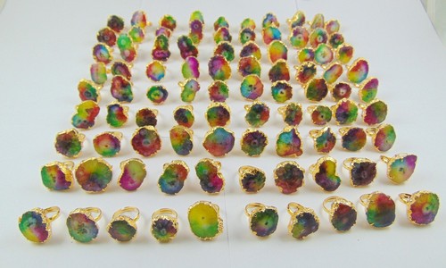 1000 GRAM 18KT GOLD PLATED DRUZY RAINBOW COLORS RINGS ALLOY 100 PCS OVERLAY LOTS - Picture 2 of 6
