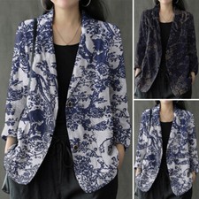 Women's Casual Cotton Linen Blazer Jacket Tops Ladies Loose Button Up Lapel Coat
