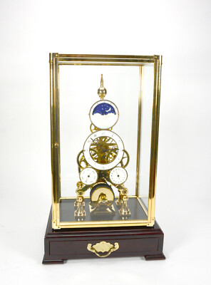 24K Brass Pinwheel Moon Dial Calendar Fusee Chain Skeleton Clock with Front Door