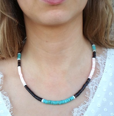 Collier Amérindien Artisanat Turquoises Corail Nacre Argent - Style Surfeur/heishi - Longueur Sur Mesure