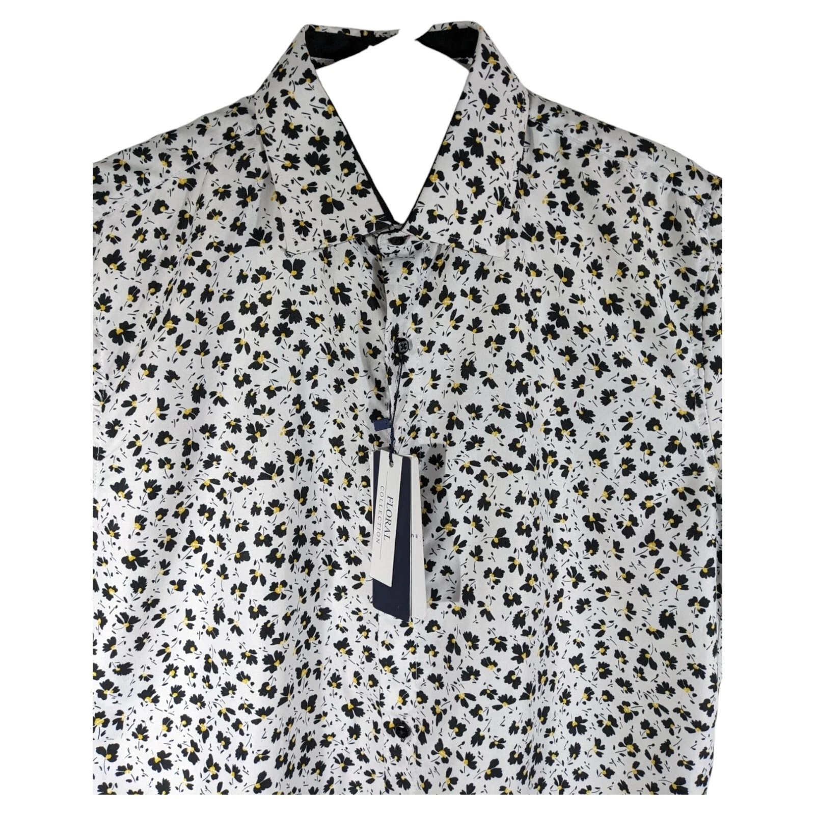 Silver Stone Floral Collection White Shirt Medium Short Sleeve Black Yellow