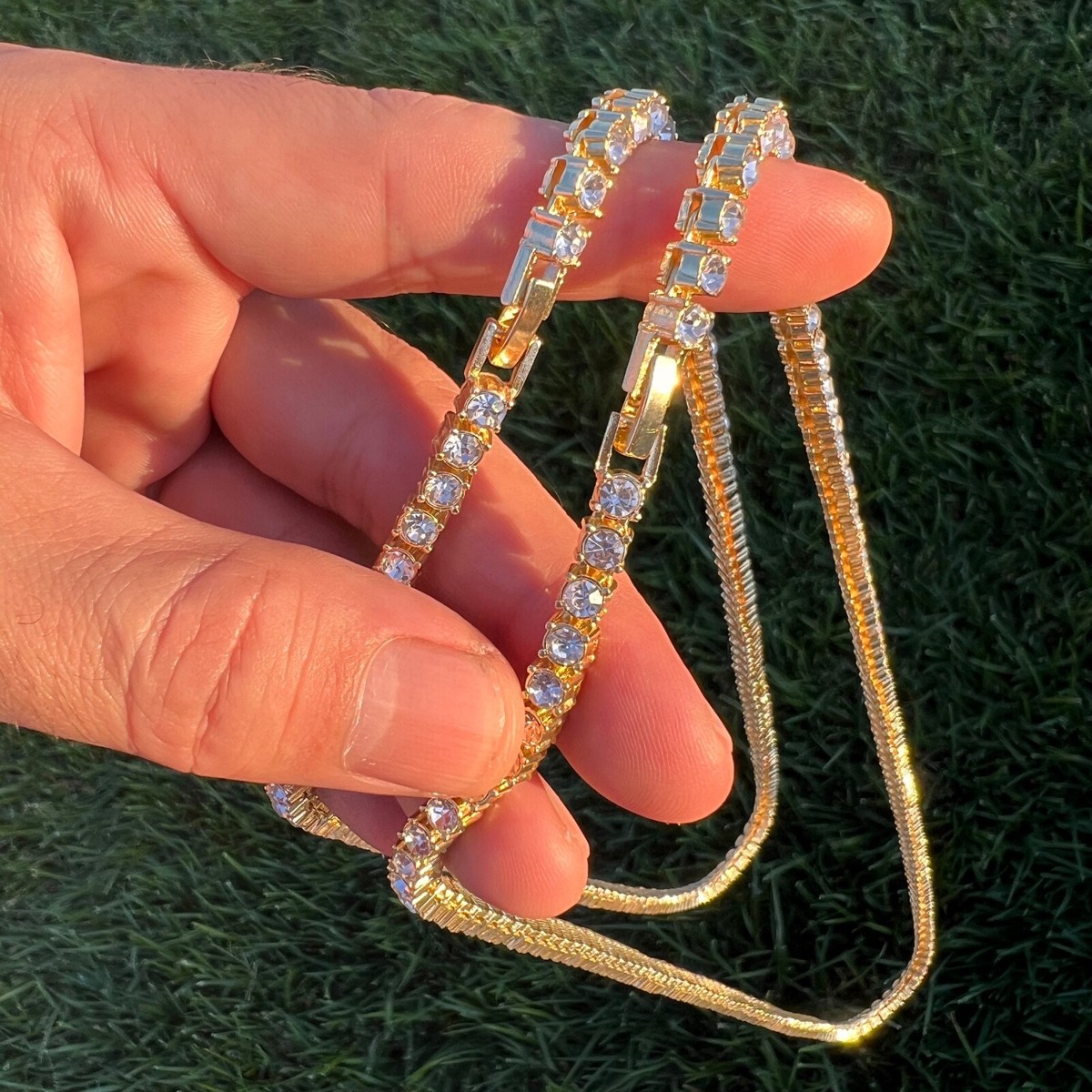 Men's & Women's 2-Row Iced Tennis Necklace - 14k Gold Plated, 20" Choker, Cubic Zirconia Hip Hop Chain