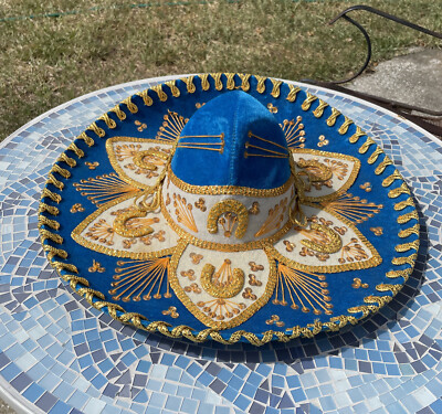 Authentic Pigalle Mariachi Hat Aqua Blue Velvet with Gold Trim