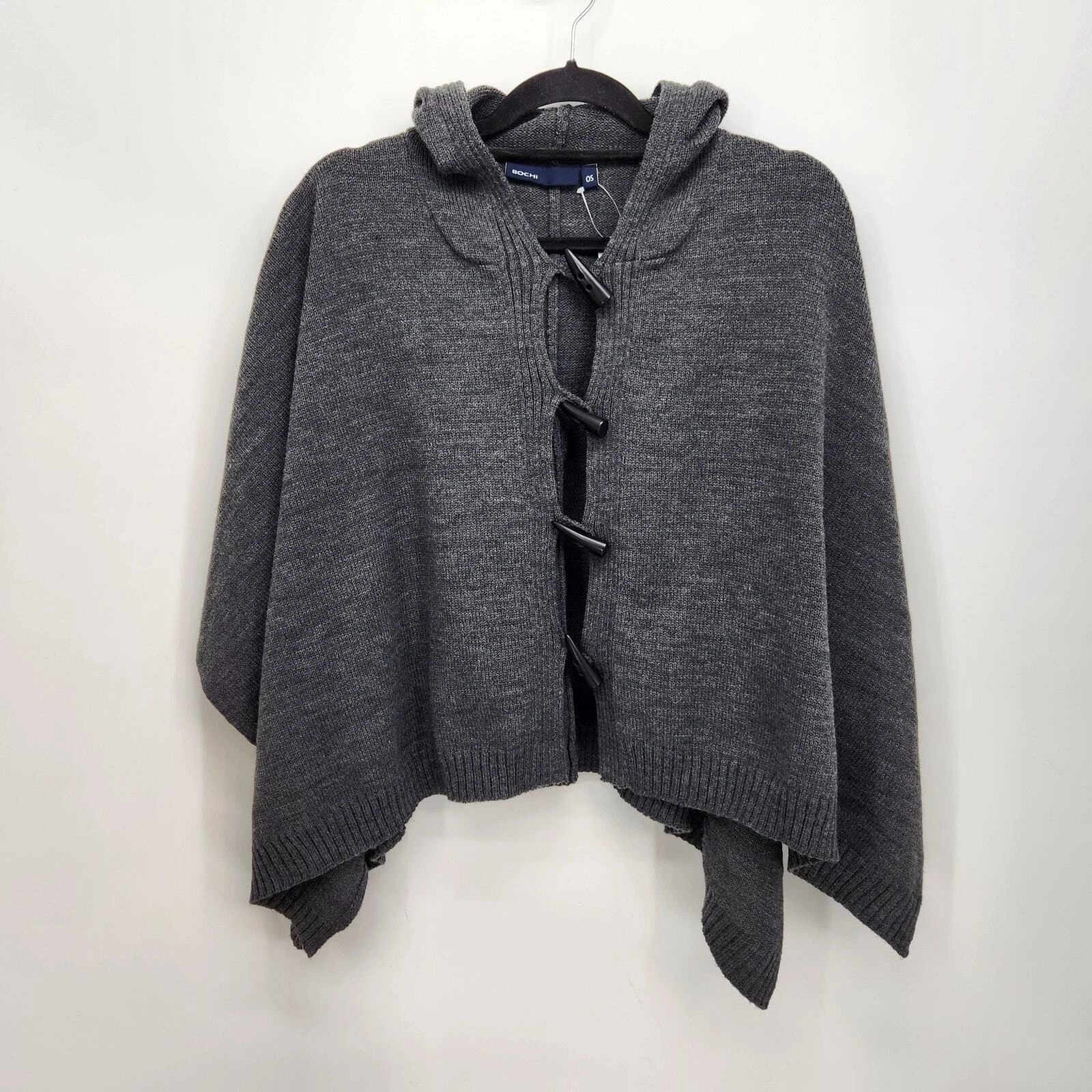 NWT Bochi Charcoal Gray Sweater Hooded Cape Poncho Toggle Women's OS