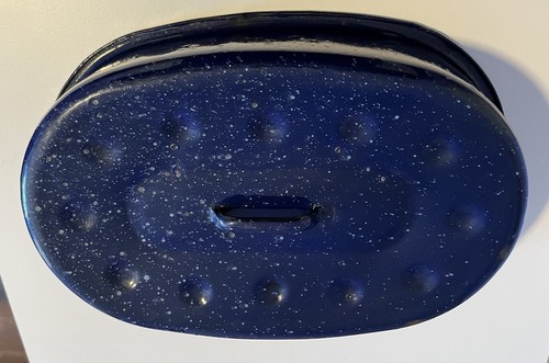 Vintage Emaillegeschirr Bräter Pfanne Granitgeschirr mit Deckel blau/weiß gesprenkelt oval groß - Bild 12 von 20