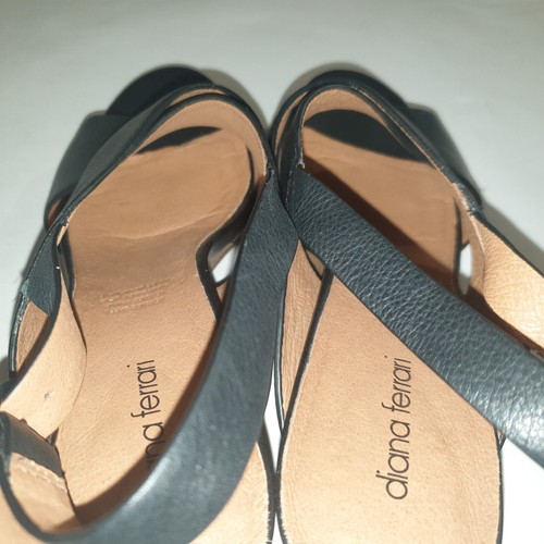 Diana Ferrari Shoes Sz 40 Black Leather Brown Wedge Heels Sling Back Straps - Picture 5 of 12
