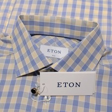 Eton NWT Dress Shirt Size 38 15 Slim Fit in Blue/Yellow Check Cotton Blend