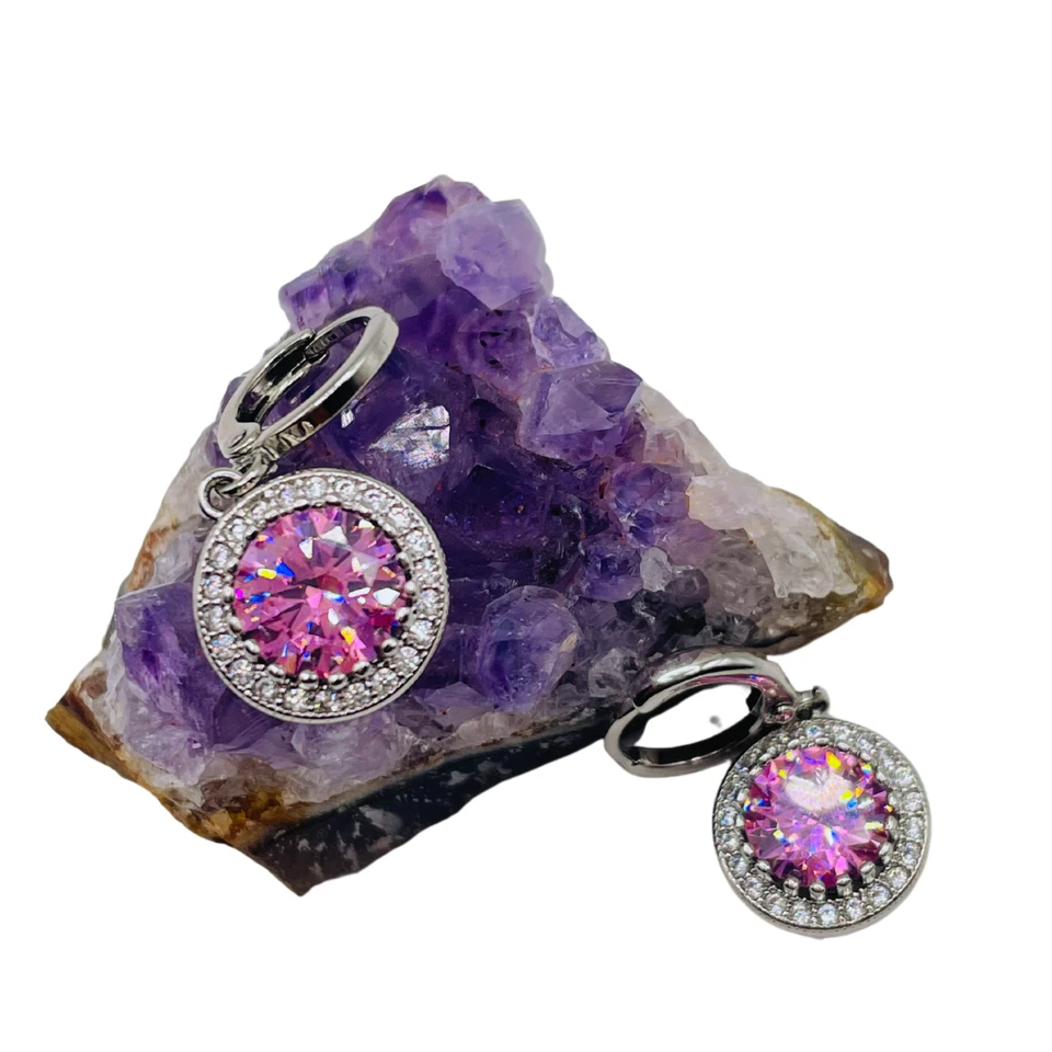 WHITE GOLD FINISH Pink Tourmaline Round Cut Created Diamond Droplet Earrings — 第 4/4 张图片