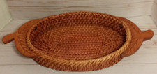 Handcrafted woven rattan wicker basket wood carved screwed on handles fruit tray