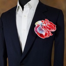 NEW - Men's 2-in-1 Pouf Round Pocket Square - Red  White Mod Floral