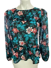 Loft Blouse Top Sz XS Black w/Floral Pink & White Long Sleeves Ruffles Polyester