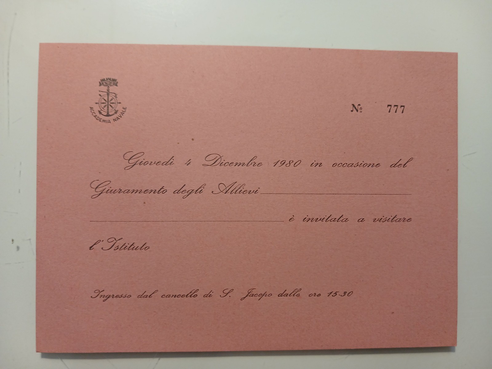 Tessera Ingresso "ACCADEMIA NAVALE DI LIVORNO GIURAMENTO ALLIEVI 1980"
