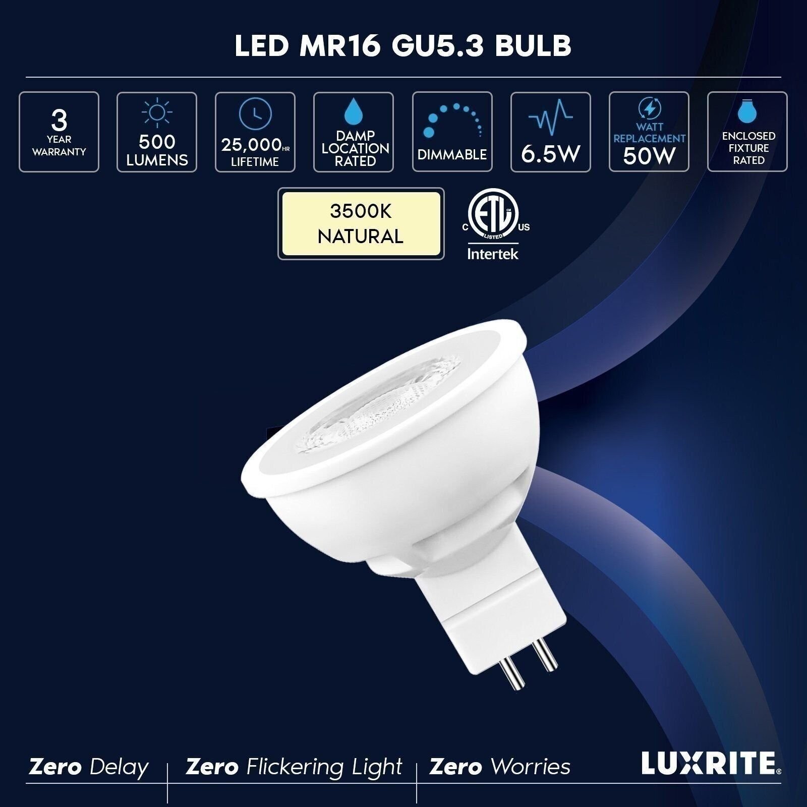 Luxrite MR16 LED Bulbs Dimmable, 50W Halogen Equivalent, 3500K Natural White,...