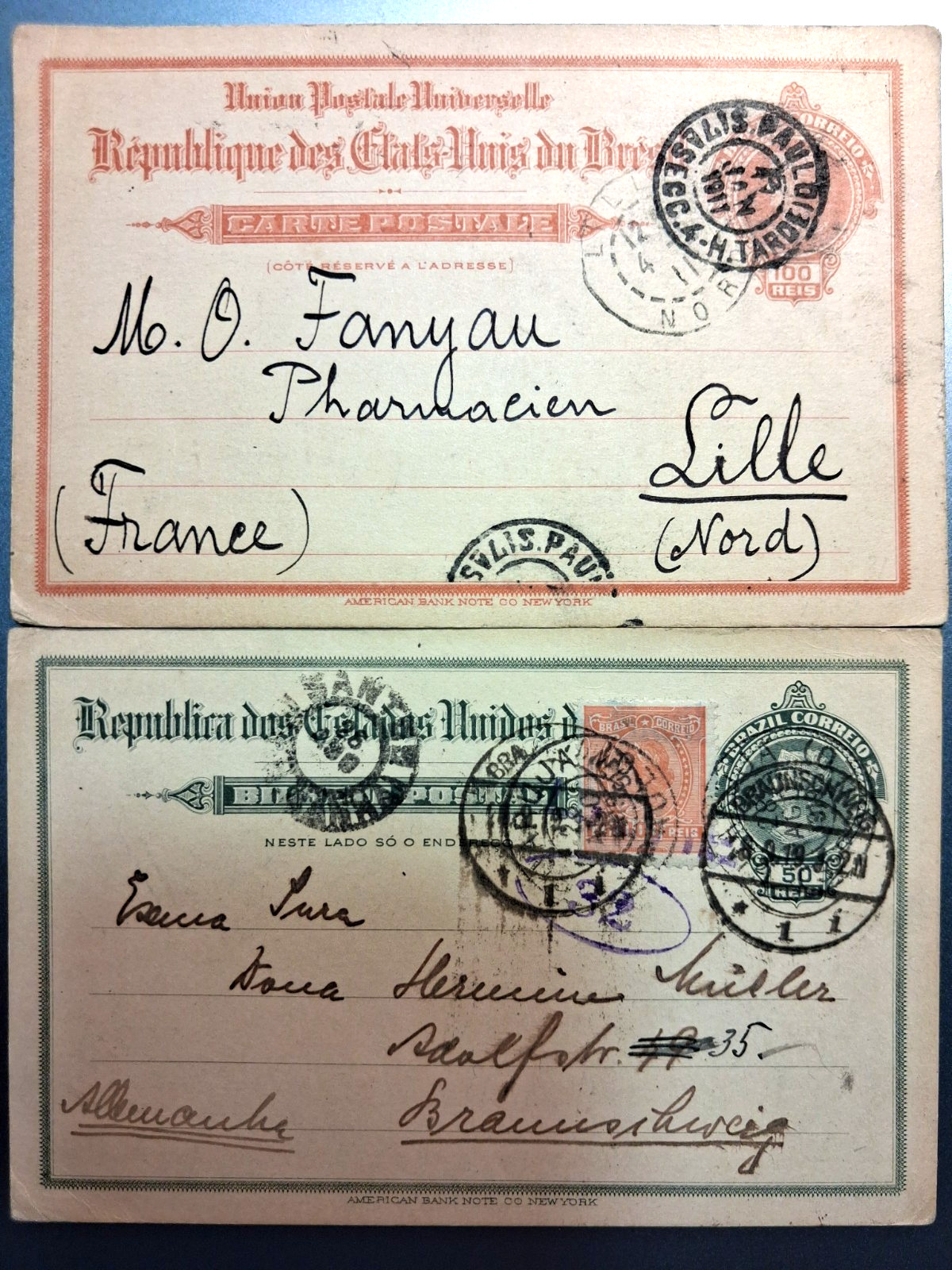 Brazil 2 PS  1911/19  send to Lille France and Braunschwig Germany  see photos