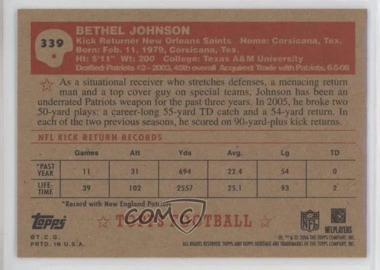 2006 Topps Heritage Benny Johnson #339 - Image 2 of 2