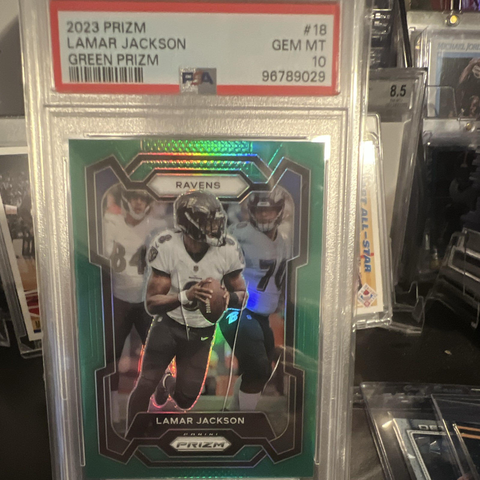 Panini 2023 Prizm Lamar Jackson Baltimore Ravens Green Prizm #18 PSA 10🔥🔥 view 1