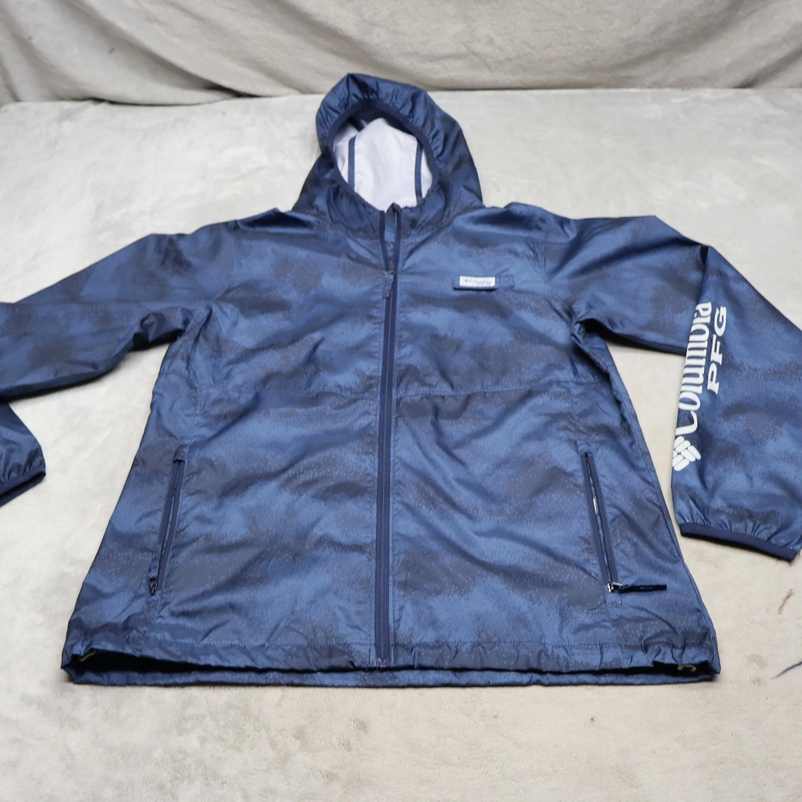 Columbia PFG Jacket Men Small Blue Camo Windbreaker Full Zip Lightweight Utility