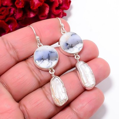 Dendritic Agate & Biwa Pearl 925 Sterling Silver Danglers Earring 2.18'' E13