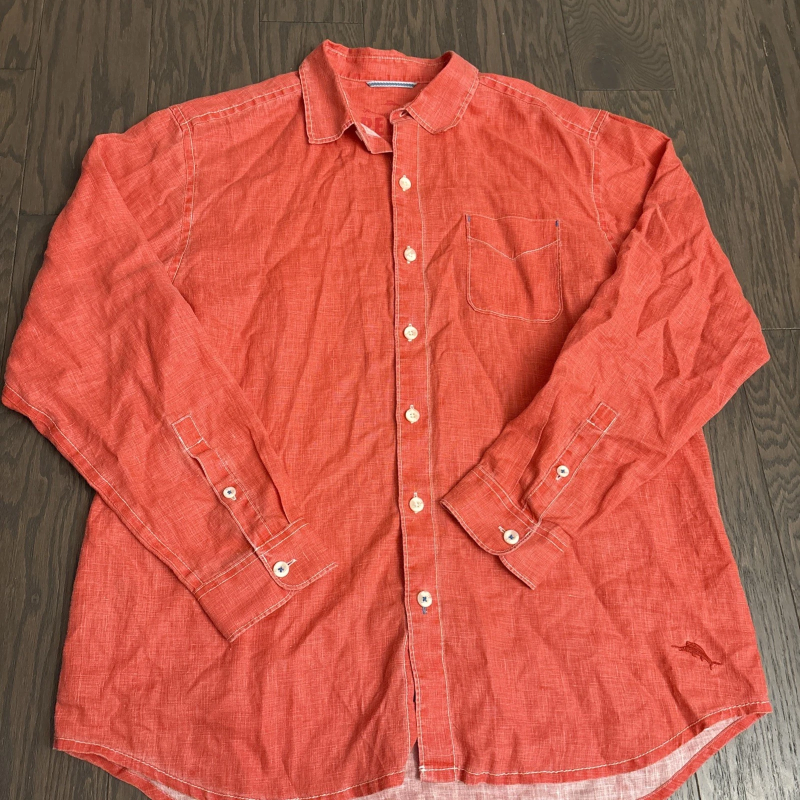 Tommy Bahama Relax 100% Linen Button Up Shirt Red Long Sleeve Beach Large L EUC