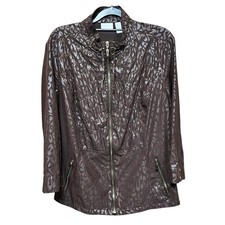Chicos Zenergy Brown Metallic Leopard Print Zip Up Jacket Womens Size 2 L