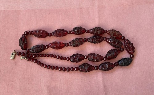 Vtg Chinese Buddha Monk Arhat Carved Cherry Amber Bakelite Beads 33” Necklace.u - Picture 3 of 12