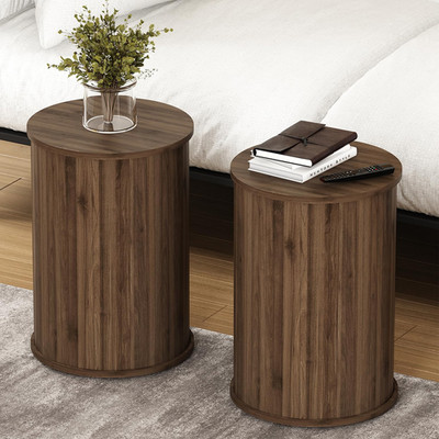 Modern Round Fluted End Tables Set of 2 for Small Spaces - Walnut Finish