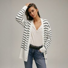  130 CAbi Mid Length Black  White Long Sleeve Turnabout Cardigan Sweater Sz M