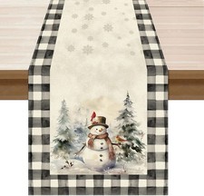 Watercolor Buffalo Plaid Snowman Snowflakes Christmas Winter Xmas Table Runner T