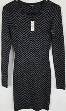 Express Small Petite Black Silver Chevron Long Sleeve Bodycon Sweater Dress NWT