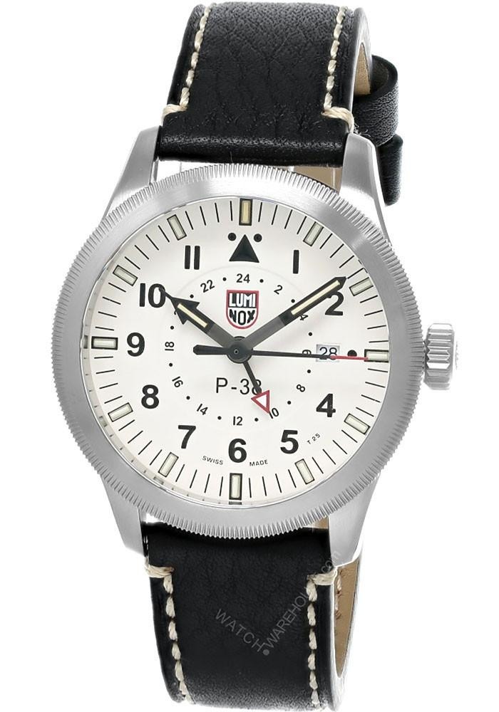 Luminox P–38 Lightning GMT Quartz 42mm Beige Dial Leather Men's