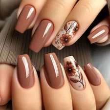 24Pcs Medium Square Fake Nails, Brown Press on Nails with Designs Flowers A37