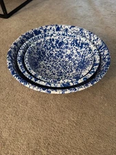 blue and white enamelware set of 3 bowls