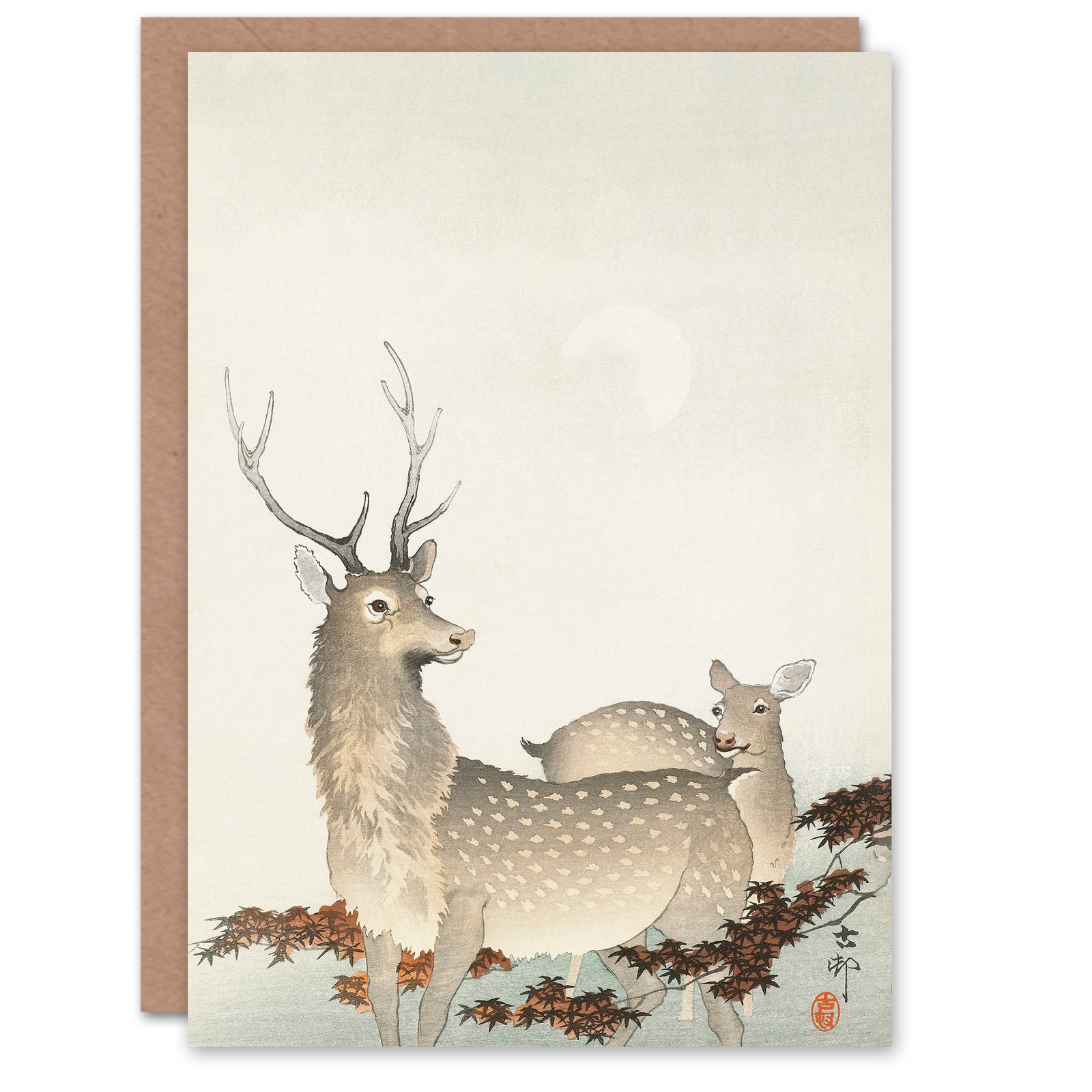 Ohara Koson Art Card Couple Of Deer Vintage Japanese