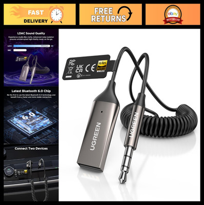 Bluetooth 6.0 Car Adapter with LDAC, 3.5mm Aux, Built-in Mic, Hands-Free Calls