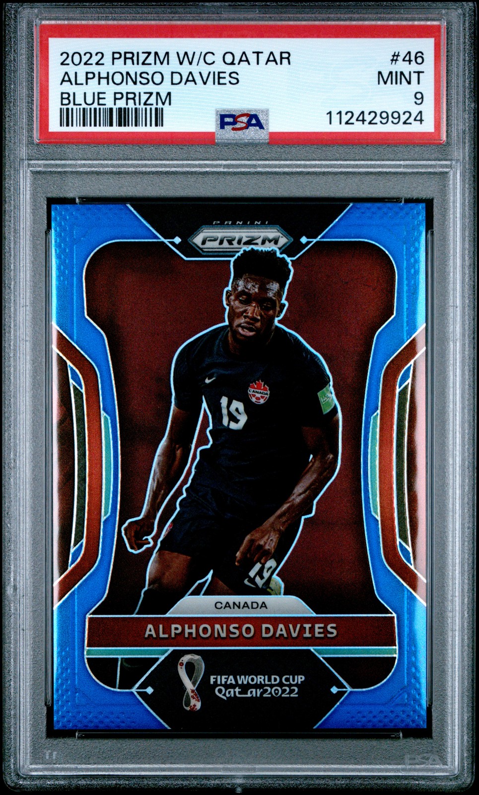2022 PANINI PRIZM WORLD CUP QATAR BLUE PRIZM #46 ALPHONSO DAVIES 240/299 PSA 9