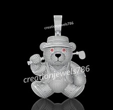 Teddy Bear with Hockey Player Pendant CZ Pink Stone & Moissanite 925 Silver