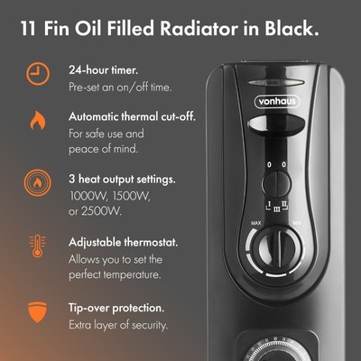VonHaus Oil Filled Radiator 2500W 11 Fin – Electric Heater, Portable with  Timer | eBay
