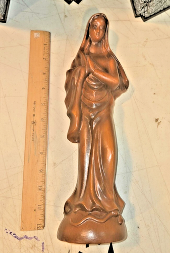 Vintage 13.5" Wood resin Madonna Statue Mahogany Stained Serpent at her feet - Picture 3 of 6