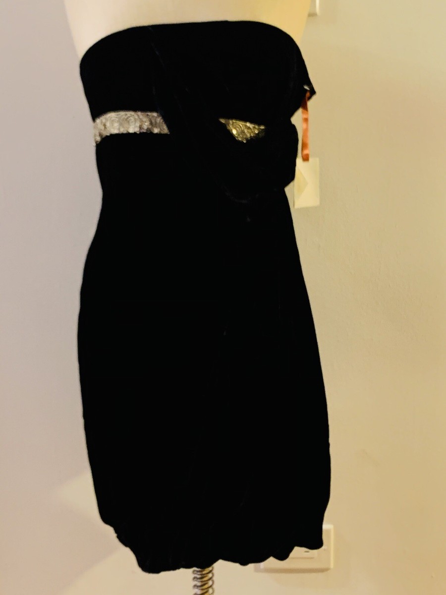 Marchesa Notte Black Strapless Crushed Velvet Dress Gold Beaded Embellished  8 S | eBay