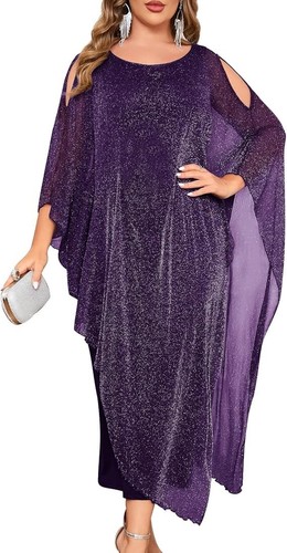 ZOMVA Plus Size Elegant Chiffon Dress Long Cape Overlay Wedding Guest Formal
