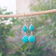 Turquoise Gemstone 925 Sterling Silver Dangle Women's Earrings