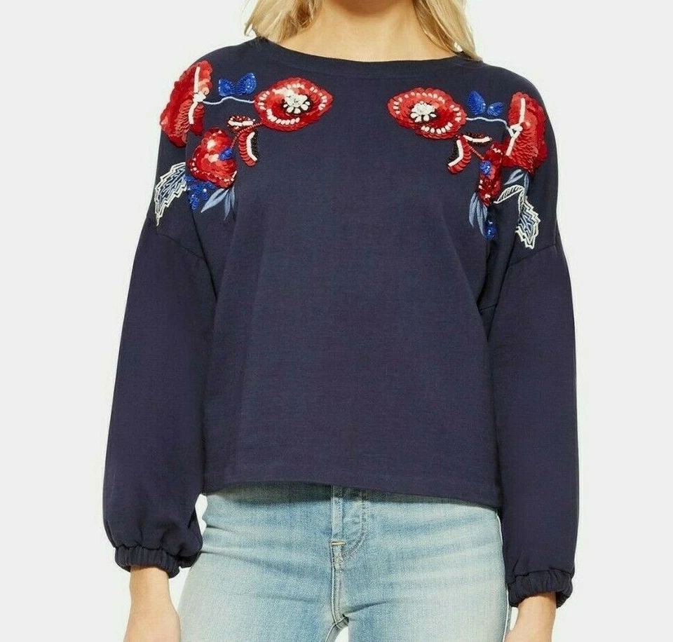 $258 NWT PARKER SzXS BERENICE EMBELLISHED LONG SLEEVE BLOUSE SWEATSHIRT BLUE MU — 第 3/4 张图片