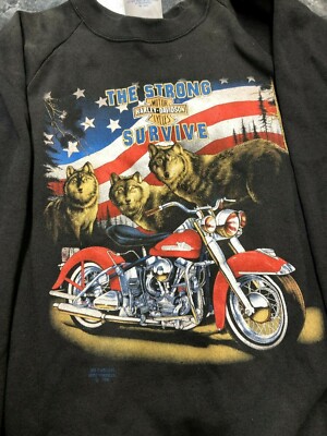 Vintage Sweat Shirt - Harley Davidson Motorcycle Wolfs The Strong 