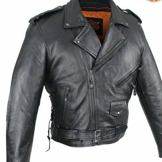 Mens Motorcycle Side Lace Vented Police Style Biker Leather Jacket