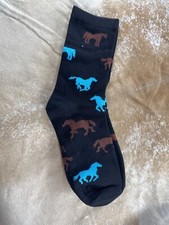 Western Womens Socks 9-11 Multi Horse Black Cotton Blend Blue Brown