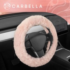 Carbella Soft Pink Sheepskin Car Steering Wheel Cover For Women Fuzzy Fur