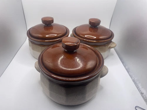 Glazed Stoneware Bean Pot Crock W/ Lid Small (5.5" x 4") - Set of 3