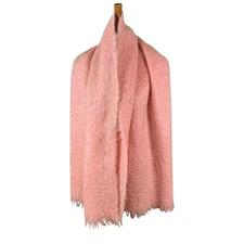 Harrods Pink Mohair Wool Blend Fringed Oversized Fuzzy Scarf Wrap Soft Vintage